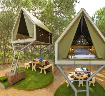 This Elevated Mini Cabin Creates a Covered Shelter Area Below It Mini Cabins, Mini Cabin, Tenda Camping, Camping Cabin, Tree Tent, Camping Shelters, House Tent, Tree House Diy, Cabin Tent