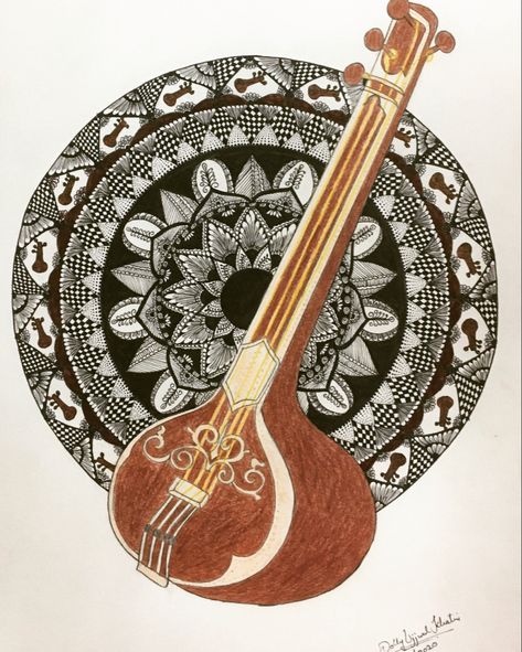 Indian Classical Music Instrument Indian Music Room Decor, Classical Instruments Drawing, Indian Musical Instruments Painting, Musical Instruments Art Paintings, Sitar Instrument Drawing, Indian Music Illustration, Music Composition Painting, Music File Decoration Ideas, Classical Indian Music Aesthetic