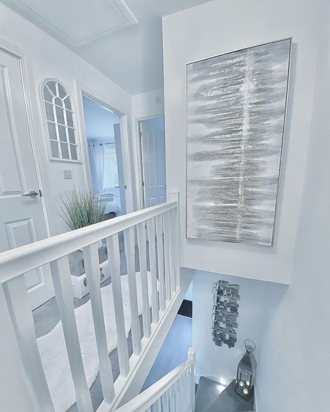 Silver Hallway Ideas, Narrow Landing Ideas Upstairs, Upstairs Hallway Ideas Landing, Grey And White Hallway Ideas, Landing Ideas Upstairs, Hall Stairs And Landing Decor, Hallway Stairs Ideas, White Hallway Ideas, Grey And White Hallway