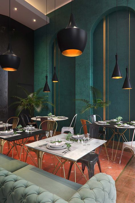 Restaurant-Visualisation on Behance Eclectic Restaurant, Modern Restaurant Design, Design Café, Restaurant Seating, Bar Interior Design, Luxury Restaurant, 카페 인테리어 디자인, Restaurant Lighting, Modern Restaurant