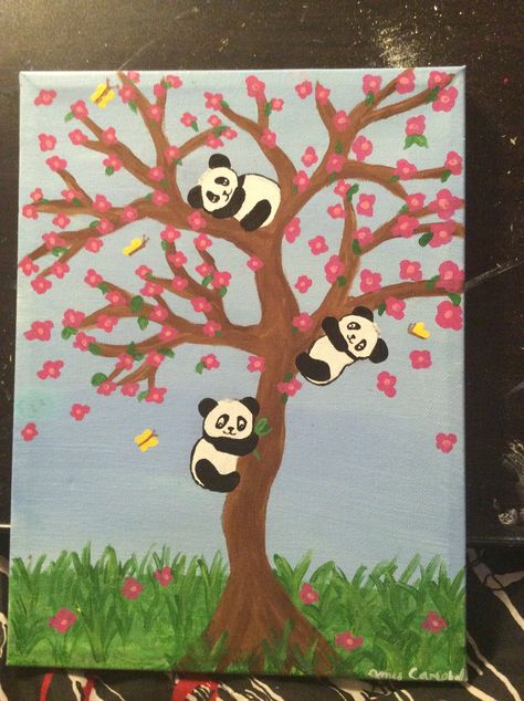 Acrylic canvas painting- Pandas in a cherry tree Pandas, Trees Art Drawing, Cherry Painting, Cherry Drawing, Cherry Blossom Drawing, Canvas Painting Projects, Cute Easy Paintings, Panda Painting, Tree Acrylic