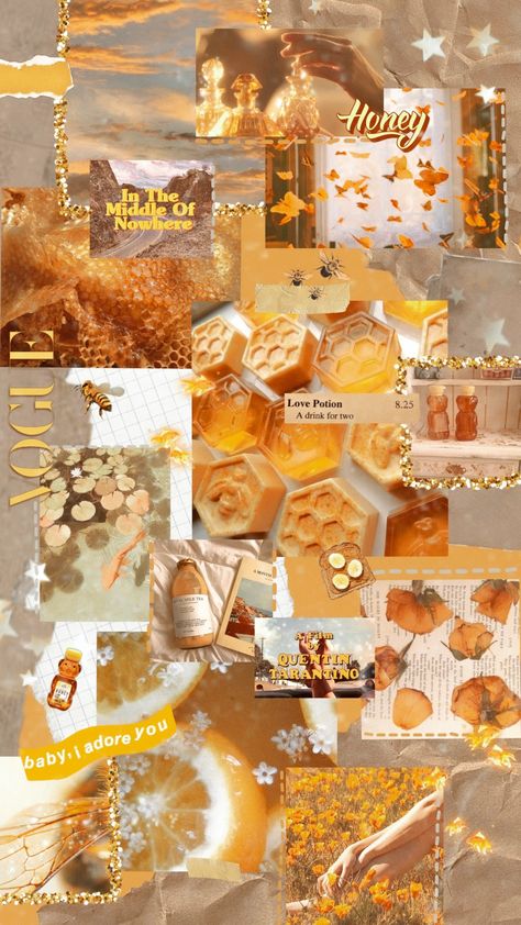 Honeycomb Bee Wallpaper, Butterfly Core Aesthetic Wallpaper, Honeycore Wallpaper, Beecore Aesthetics, Orange And Yellow Moodboard, Honeycore Aesthetic Wallpaper, Yellow Collage Wallpaper Aesthetic, Bee Core Aesthetic, Honeycomb Aesthetic Wallpaper