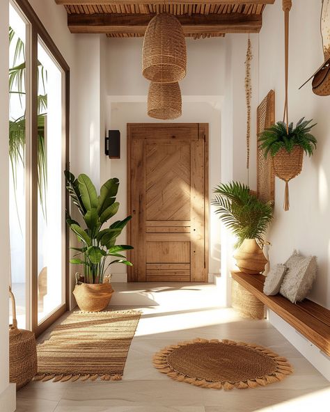 Rustic chic hallway makeover tips, offering ideas for incorporating elegant rustic elements into the hallway design Natural Tropical Interior Design, Home Decor Modern Boho, Bright Home Interior Design, Stairway Corner Decor, Spa House Decor, Front Porch Ideas Boho, Spa Like Living Room Ideas, Latest Home Interior Design, Appartment Interiors Aesthetic