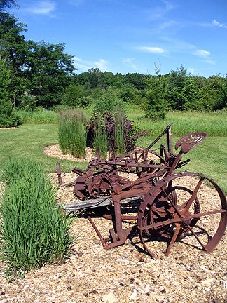 I loved this old farm equipment. There were two pieces here. Upcycling, Farm Landscaping, Rusty Garden, Old Farm Equipment, Front Landscaping, Vintage Farm, Farm Decor, Garden Yard Ideas, Old Farm