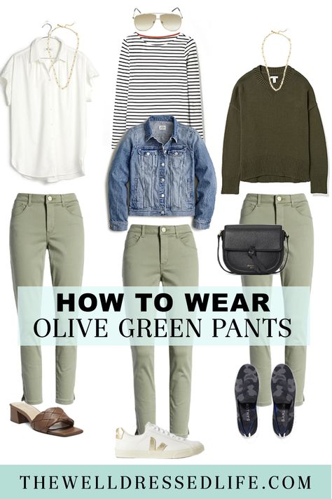 How To Wear Olive Pants, How To Wear Olive Green Joggers, Fall Outfit Green Pants, Green Chino Outfits Women, Olive Capris Outfit, Light Olive Green Pants Outfit, Light Green Pants Outfit Work, Green Chinos Outfit Women, Outfits With Light Green Pants