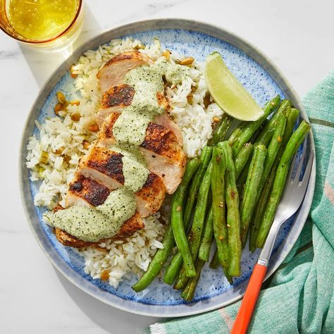 Rice Green Beans, Creamy Cilantro Sauce, Homechef Recipes, Blue Apron Recipes, Pickled Jalapeño, Cilantro Chicken, Spiced Chicken, Cilantro Sauce, Cooking Green Beans