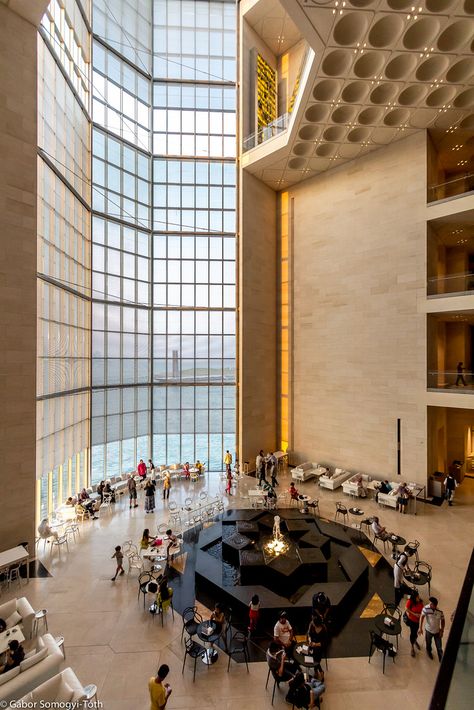 The atrium of the Museum of Islamic Art, Doha, architected by I M Pei. The structure creates a great sense of space and the patterns are based on traditional Islamic designs. The whole building is photogenic from every angle Museum Of Islamic Art Doha, Islamic Museum, Islamic Art Museum, Museum Of Islamic Art, Islamic Designs, I M Pei, Circular Stairs, Museum Interior, Interior Columns