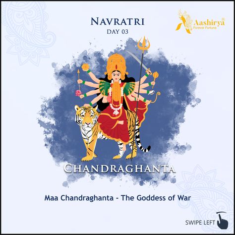 NAVRATRI : DAY-3 MAA CHANDRAGHANTA - The Goddess of War Goddess Chandraghanta is the symbol of Justice & Courageous. Courageous Women who fight back for Justice and attain astounding victory against evil forces! Aashirya dedicates its Exclusive Navratri Collection to the Women from every sphere of life who incessantly struggle to eclipse the evil out. Blessings of Maa Chandraghanta Aashirya Wishes that the modern day Durgas (Chandraghanta's) to be courageous,. #Justice #Courage SHUBH NAVRATRI! Navratri Day 3 Chandraghanta, Aghori Photography, Day 3 Navratri, Maa Chandraghanta, Symbol Of Justice, Shubh Navratri, Navratri Devi Images, Devi Images, Durga Ma