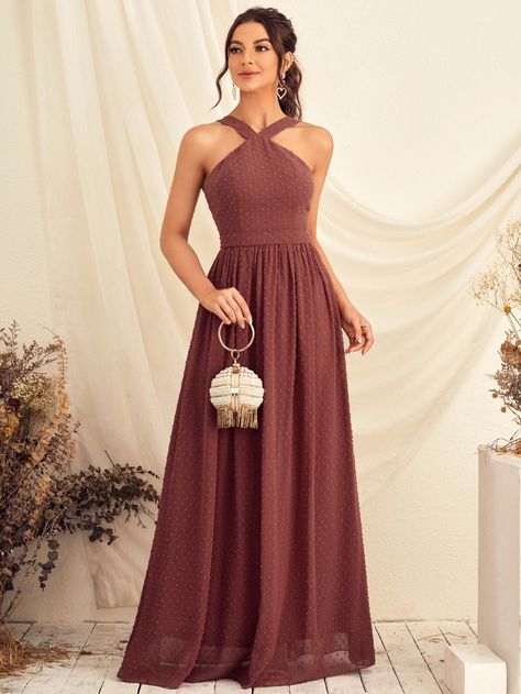 Redwood Glamorous  Sleeveless Chiffon Plain A Line Embellished Non-Stretch All Weddings & Events Cross Neck Bridesmaid Dress, Halter Bridesmaid Dress Hairstyle, Halter Neck Bridesmaid Dresses, Guest Studio, Halter Neck Prom Dress, Full Gown, Halter Bridesmaid Dress, Bridesmaids Hair, Halter Wedding Dress