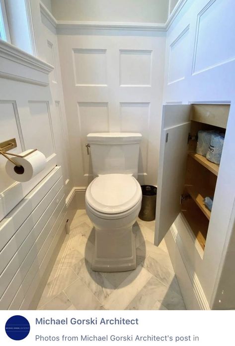 Cabinets In Toilet Room, Toilet Room Storage Ideas Master Bath, Toilet Built In, Toilet Cubby Master Bath, Built In Storage Behind Toilet, Water Closet Toilet Paper Storage, Cabinet In Water Closet, Above Tub Shelves, Toilet Closet Storage Ideas