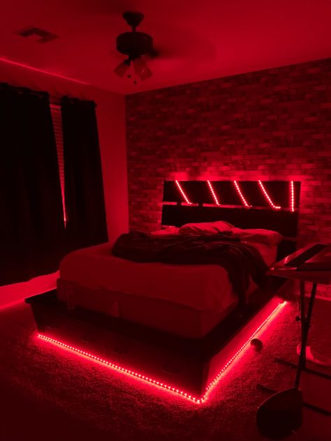 Bedroom Neon Lights Room Ideas, Bedroom With Red Led Lights, Black And Red Interior Design, Red Led Lights Bedroom, Red Led Bedroom, Hot Bedroom Ideas, Red Led Room, Red Light Bedroom, Red And Black Room Ideas