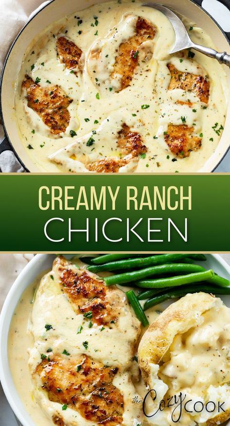 creamy ranch chicken with a side of baked potatoes and green beans Parmesan Ranch Chicken, Ranch Chicken Tenders, Creamy Ranch Chicken, Parmesan Ranch, The Cozy Cook, Cozy Cook, Chicken Tenderloin Recipes, Creamy Ranch, Vegan Burrito