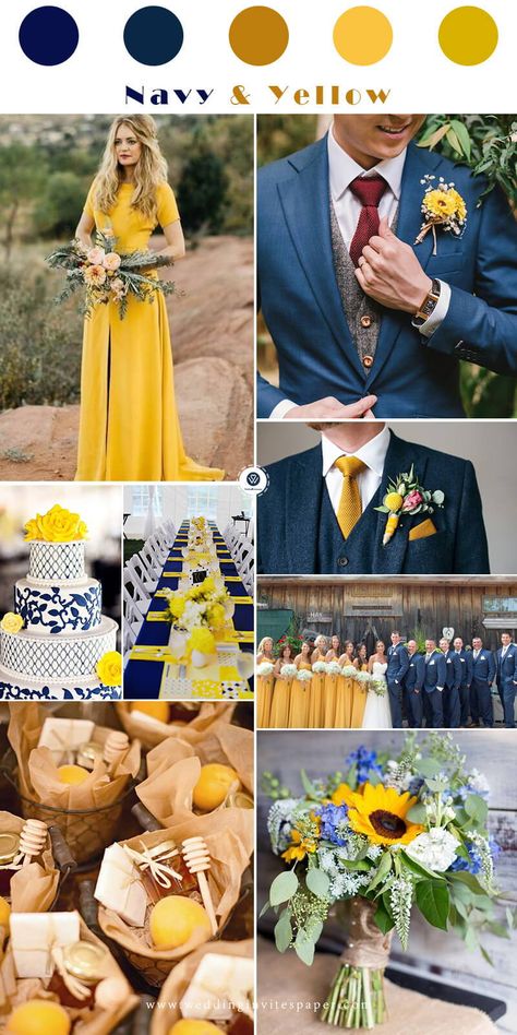 Top 7 Early Spring Navy Blue Wedding Color Palettes, navy and yellow elegant and whimsical wedding Wedding Color Schemes Summer, Yellow Wedding Colors, Wedding Theme Color Schemes, Yellow Wedding Theme, Wedding Themes Spring, Sunflower Themed Wedding, Wedding Themes Summer, Wedding Color Combos, Wedding Themes Unique