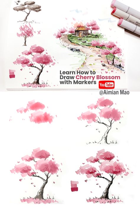 Cherry Blossom Drawing with Markers Tutorial Cherry Blossom Marker Drawing, Blossom Trees Drawing, Paint Marker Tutorial, Tree Drawing With Markers, Arts With Markers, Cherry Blossom Sketch Drawings, Cherry Blossom Trees Drawing, Drawing Inspo Alcohol Markers, Copics Markers Art