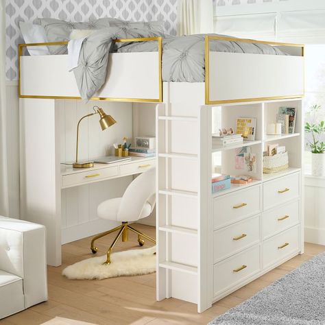 Crafted to last, our Blaire Loft Bed features gold details and a multi-step hand finish for a polished, refined look. Teen Bedrooms, Bilik Tidur Perempuan, Loft Beds For Small Rooms, White Loft Bed, Beds For Small Rooms, Pelan Rumah, White Loft, Cute Bedroom Ideas, Bilik Tidur