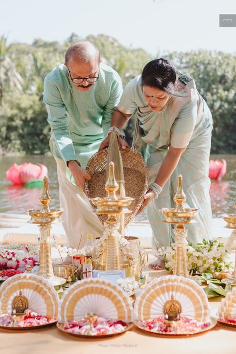 Gorgeous Kerala Wedding With 2 Equally Stunning Ceremonies Malayalee Wedding, Kerala Hindu Bride, Ceremony Backdrop Indoor, Pastel Wedding Theme, Bridal Entry, Wedding Album Cover, Kerala Wedding, Wedding Backdrop Decorations, Wedding Design Decoration