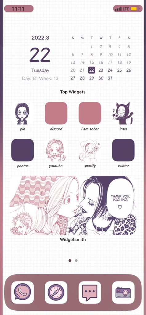 Kawaii, Nana Phone Aesthetic, Nana Purple Aesthetic, Purple Themed Phone Layout, Matching Ios 16 Wallpaper, Matching Phone Layout, Iphone Customization Ideas Anime, Iphone Aesthetic Layout Purple, Matching Phone Themes