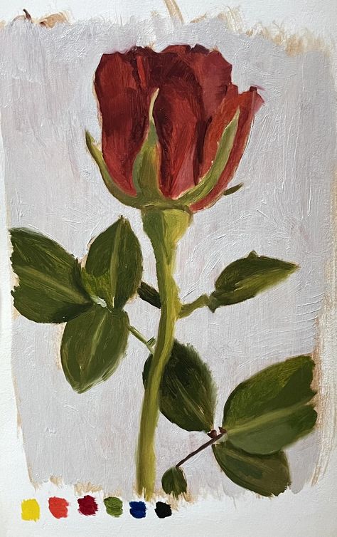 Red rose flower on a grey background oil sketch painting in a sketchbook with colour swatches at the bottom. Oil Painting For Beginners Flowers, Pretty Easy Paintings Simple, Easy Flower Oil Painting, Easy Paintings Watercolor Simple, Oil Painting Drawings For Beginners, Realistic Painting For Beginners, Red Flowers Acrylic Painting, Rose Drawing With Color, Easy Painting Reference