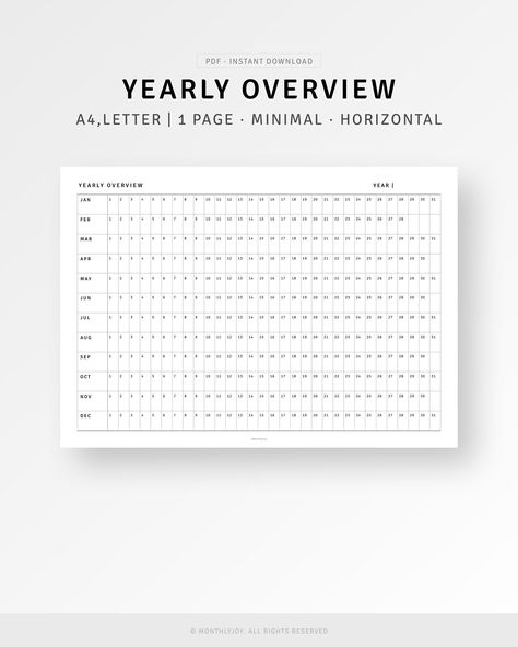 Year At A Glance A4/Letter Size Planner Printable Yearly Planner PDF, Digital Download, Simple Yearly Agenda Overview, YO1P Inserts Template, 12 Months Calendar Template [💡MonthlyJoy's Checkpoint!]  𝒀𝒆𝒂𝒓𝒍𝒚 𝑷𝒍𝒂𝒏𝒏𝒆𝒓 𝑨4, 𝑳𝒆𝒕𝒕𝒆𝒓 𝑺𝒊𝒛𝒆 𝑷𝒍𝒂𝒏𝒏𝒆𝒓 𝑰𝒏𝒔𝒆𝒓𝒕𝒔. This Yearly Planner Inserts include 12 months and It will help to record Important dates like birthdays, goals, trips, etc, or keep track and manage your entire year's schedule at a glance. * Year on 1 Page * Year, Month (Jan - Dec), Dates (1 - 31) [📏SIZES] - A4 (210 x 297 mm/ 8.27 x 11.69 inches) - USLetter (8.5 x 11 inches) [📁INCLUDED FILES] 1 zip file includes 4 PDF files  : Print on A4, US Letter & Crop Marks Ver. [📥HOW TO DOWNLOAD] Your files will be available to download here: http://www.etsy.com/you Yearly Overview, Year At A Glance, Schedule Organization, Bullet Journal Printables, 12 Month Calendar, Weekly Planners, Daily Planners, Paper Tray, Planner Pdf