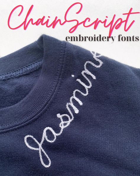 Font For Embroidery, Embroider A Sweatshirt Diy, Chain Stitch Name Sweater Diy, Hand Embroider Name On Shirt Diy, Chainstitch Name, Line Stitches Embroidery, Diy Sweatshirt Embroidery Ideas, Embroider Sweatshirts Diy, How To Stitch Name On Sweater