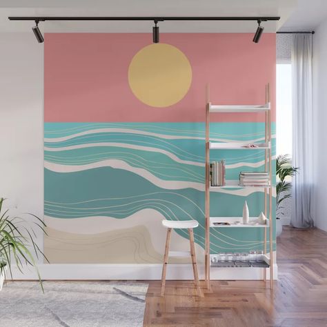 Crashing wave on sunny bay Wall Mural Wave Mural Painting, Mural Wall Art Ocean, Ocean Waves Mural, Simple Beach Wall Mural, Wave Wall Mural Diy, Water Mural Painting, Wave Mural Bedroom, Wave Mural Wall Art, Beach Mural Painted Wall