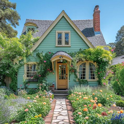 Pastel Green and Buttercream for Charming Home Exterior Colours • 333+ Images • [ArtFacade] Colorful Cottage, Cottage Exterior, Charming Home, Cute Cottage, Casa Exterior, Lifestyle Ideas, Dream Cottage, Home Exterior, Cute House