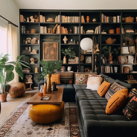 Bohemian Bookshelf Decor, How To Decorate With Low Ceilings, Modern Vintage Home Decor Living Room, Living Room Designs Dark Wood, Home Decor Ideas Dark Wood, Black Focal Wall Living Room, White Flooring Living Room, Dark Academia Mid Century Modern, Small Living Room Decor Ideas Cozy