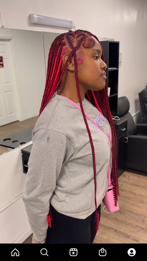 Black And Red Hairstyles, Pink Box Braids, Red Box Braids, Valentines Hairstyles, Red Hairstyles, Black Red Hair, Braided Hairstyles For Teens, Box Braids Hairstyles For Black Women, Cute Box Braids Hairstyles