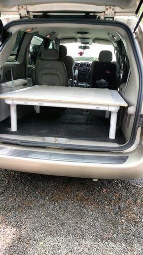 My pvc bed frame Town & Country van. - #bed #country #frame #PVC #Town #van Pvc Bed Frame, Mini Van Camping, Camping Organization Ideas, Pvc Bed, Town And Country Van, Minivan Camper, Minivan Camper Conversion, Suv Camper, Minivan Camping