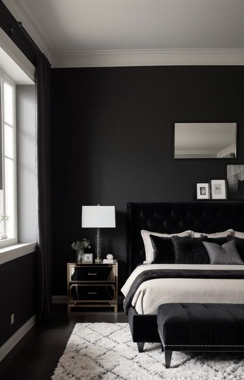 Black And Grey Walls Bedroom, Black And Dark Grey Bedroom, Grey Bedroom With Black Furniture, Dark Grey And Black Bedroom, Black And Dark Wood Bedroom, Black Wall Room Aesthetic, Black Paint Bedroom Walls, Dark Grey And White Bedroom, Black Room Decor Aesthetic