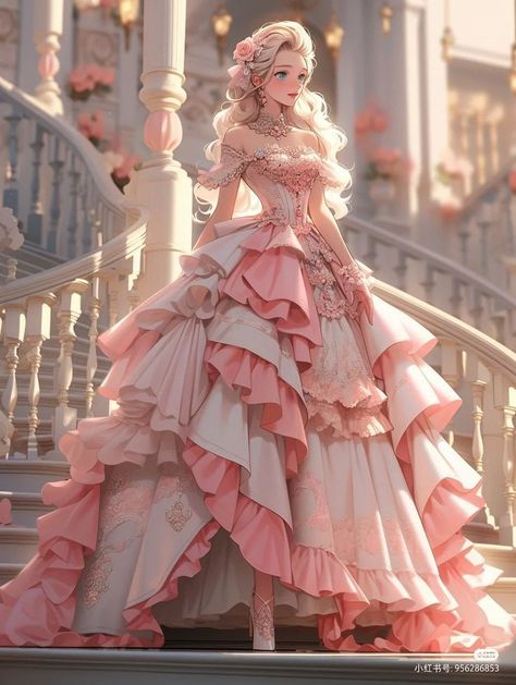 Fantasy Pink Dress, Princess Dress Anime, Princess Dress Drawing, Vestidos Anime, Fantasy Princess, Fashion Drawing Dresses, Fantasy Dresses, Dress Design Sketches, Royal Dresses