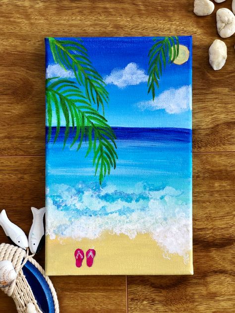 Beach canvas painting for beginners . . . . #canvaspaintingacrylic #beginners #canvaspaintingideas #paintingideas #beachpainting Tela, Mini Canvas Art Beach Easy, Summer Acrylic Painting Ideas Canvases, Beach Canvas Painting Easy, Paint Beach Scene Easy, Painting Beach Easy, Beach Theme Drawings, Beach Easy Painting, Easy Beach Painting For Beginners