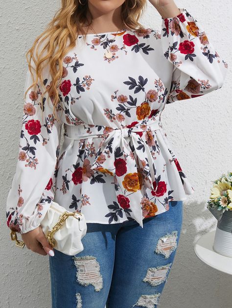 White Casual  Long Sleeve Polyester Floral Peplum Embellished Non-Stretch Spring/Fall Plus Size Tops Chiffon Tops Styles, Plus Size Chiffon Tops, Flower Print Top Design, Chiffon Fashion Tops, Latest Chiffon Top Styles, Simple Top Designs For Women, White Blouse Outfit Casual, Chiffon Tops For Women Floral, Office Blouses For Women