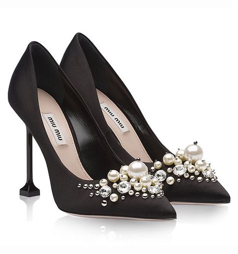 Miu Miu Pearl Embellished Pumps Miu Miu Pumps, Black Satin Shoes, Decorating Shoes, Shoes Pumps Heels, Jeweled Heels, Jeweled Shoes, Black Shoes Heels, Embellished Shoes, Heels Stilettos