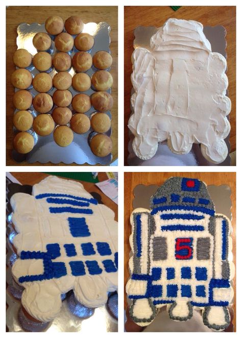 R2D2 Pull-a-part cupcake cake R2d2 Birthday Party Ideas, Star Wars Pull Apart Cupcake Cake, Star Wars Cupcake Cake, R2d2 Cupcakes, Robot Cakes, Birthday Cupcakes Ideas, R2d2 Cake, Birthday Star Wars, Cupcakes Design