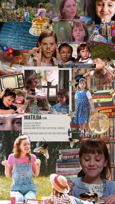 #matilda #moodboard #collage Matilda Tattoo Movie, Matilda Movie Aesthetic, Miss Honey Aesthetic, Matilda Core, Matilda Wallpaper, Matilda Aesthetic, Matilda Party, Matilda Movie, Embeth Davidtz