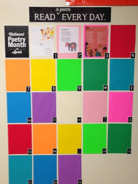 April is National Poetry Month!  Poem is read on announcements and then posted on calendar Author Of The Month Display, April Poetry, Morning Announcements, Favorite Poems, School Library Displays, Library Bulletin Board, Short Poem, Middle School Libraries, Library Themes