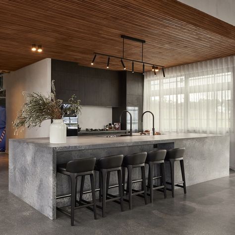 Omar & Oz | Week 6 | Kitchen Kitchen Design Island Bench, Kitchen Island Bench Lighting, Kitchen Focal Point, Modern Masculine Kitchen, Garage House Interior, Contrast Kitchen Island, Masculine Kitchen Design, Concrete Island Kitchen, Brutalist Kitchen