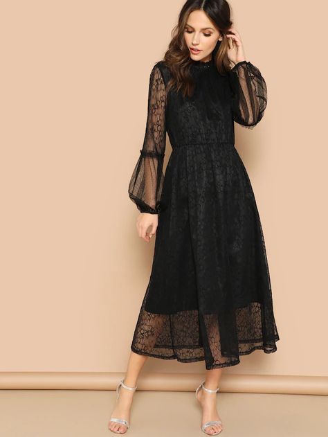 Scallop Mock Neck Sheer Balloon Sleeve Lace Dress Lace Spring Dress, Sleeve Lace Dress, Balloon Sleeve Dress, Lace Dress With Sleeves, Puff Sleeve Dresses, Lace Dress Black, Casual Lace, Fit And Flare Dress, Balloon Sleeve