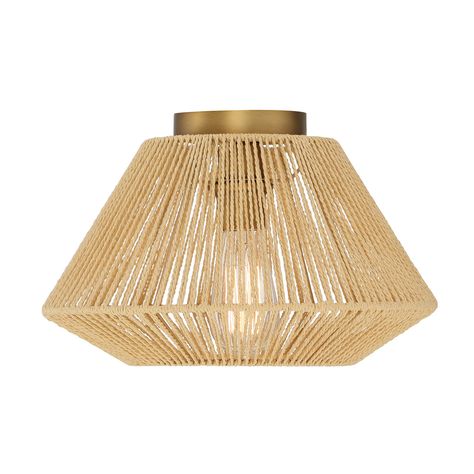 The Farrah Jute Flush Mount Ceiling Light is a beautiful, on-trend light fixture with a vintage feel. It's comprised of beautiful, natural woven jute fiber cords, twisted and woven onto a structured shade, then secured to a decorative aged brass canopy. The open weave is fun and fresh with a boho vibe that fits well in a wide range of rooms. Its neutral color and artful qualities make the Farrah incredibly versatile; ideal as an instant and welcoming update to your space. This beautiful ceiling Jute Flush Mount Light, Modern Boho Flush Mount Lighting, Natural Flush Mount Light, Boho Bedroom Ceiling Light, Rattan Semi Flush Mount Light, Coastal Flush Mount Lighting, Boho Flush Mount Lighting, Boho Ceiling Lights, Rattan Flush Mount Light