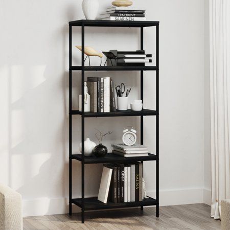 Black Open Bookshelf, Black Steel Shelves, Freestanding Bookshelf Styling, Modern Bookshelf Living Room, Black Metal Bookcase, White And Black Room Decor, Modern Black Bookshelf, Sleek Bookshelf, Black Book Shelves