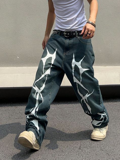 Blue  Collar  Denim Graphic Wide Leg Embellished Non-Stretch  Men Clothing Men’s Y2k Party Outfits, Y2k Fashion Men 2000s, Streetwear Pants For Men, Screen Printed Jeans, Graphic Jeans Outfit, Printed Jeans Mens, Custom Pants Jeans, Jean Outfits Men, Mens Concert Outfit