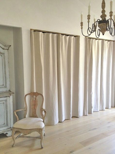 Love how drapes were used instead of doors on these gorgeous closets Curtains Wardrobe, Nautilus House, Alt Closet, Closet Door Alternative, Curtains For Closet Doors, Old Closet Doors, Door Solutions, Bedroom Closet Doors, Patina Farm