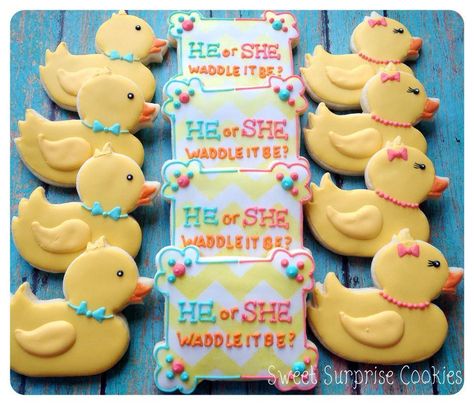 Waddle it be baby shower cookies by Sweet Surprise Cookies Duck Gender Reveal, Rubber Ducky Birthday, Duck Cookies, Surprise Cookie, Gender Reveal Cookies, Ducky Baby Shower, Rubber Ducky Baby Shower, Gender Reveal Party Theme, Gender Reveal Themes