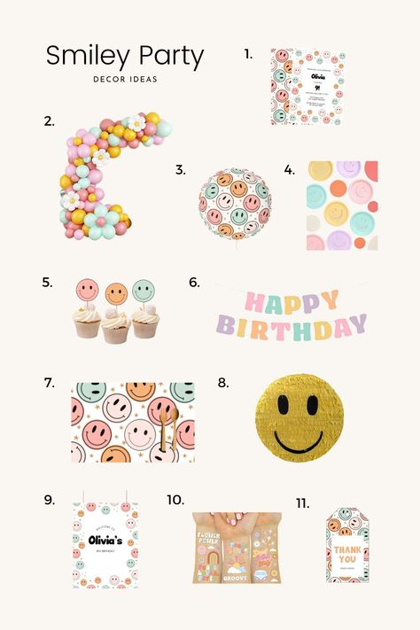 Smiley Faces Birthday Party, Smiley Face Birthday Party Decorations, Happy Faces Birthday Party, 10tg Birthday Ideas, Smiley Themed Birthday Party, Smiley Decoration Party Ideas, Two Smiley Birthday, Daisy And Smiley Face Party, Smiley Daisy Birthday