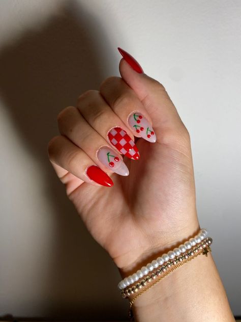 Cherry Spring Nails, Cherry Checker Nails, Hot Pink Cherry Nails, Cherry Acrylic Nail Designs, Red And Cherry Nails, Short Cherry Nails Designs, Checkered Cherry Nails, Cherry Nails Almond Shape, Almond Nails Designs Cherry