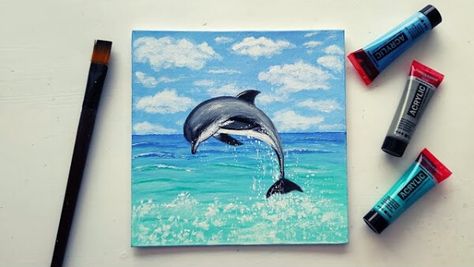 Dolphin Paintings For Kids Check more at https://www.kidsartncraft.com/dolphin-paintings-for-kids/ Tela, Dolphin Acrylic Painting Tutorial, Dolphin Painting Acrylic Easy, Dolphin Acrylic Painting, Dolphin Paintings, Dolphins Painting, Seascape Paintings Acrylic, Paintings For Kids, Acrylic Painting Step By Step