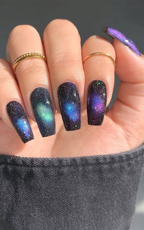 Galaxy nails, galaxy nail designs, and galaxy nail art for a gorgeous manicure Galaxy Nails, Galaxy Nail, Galaxy Nail Art, Space Nails, Gel Set, Cute Spring Nails, Nail Art Designs Ideas, Sparkle Nails, Nagel Inspo