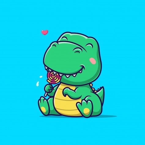 Trex Cartoon Tattoo, Cute T Rex Cartoon, Dino Cute Cartoon, T Rex Tattoo Cute, Cartoon Dinosaur Tattoo, Cartoon Dinosaur Drawing, T Rex Cute, Lollipop Illustration, Eating Lollipop