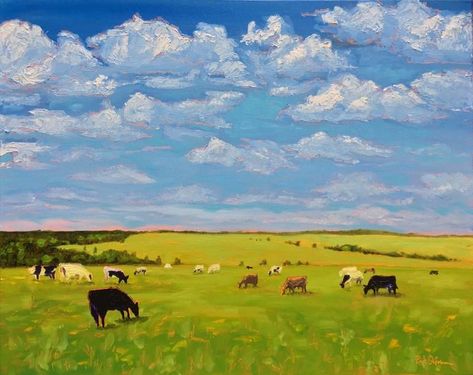 Original Art Oil Painting, measuring: 76.2W x 60.96H x 3.81D cm, by: Rick Osborn (United States). Styles: Realism. Subject: Cows. Keywords: Pastures, Farms, Farmland, Landscapes, Pastoral, Cattle, Cows, Countryside. This Oil Painting is one of a kind and once sold will no longer be available to purchase. Buy art at Saatchi Art. Dairy Farm Painting, How To Paint Cows In The Distance, Farm Landscape Art, Cow Pasture Painting, Farmland Landscape Painting, Cow In Field Painting, Cows In Field Painting, Cows In Pasture Painting, Cow Landscape Painting